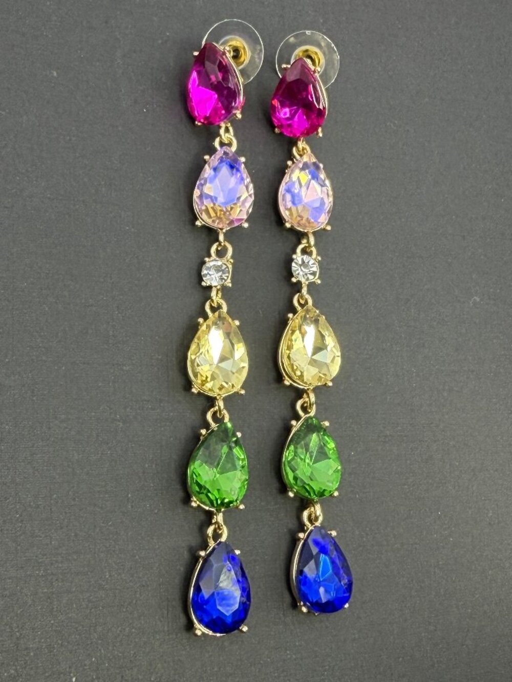 Shoulder Duster Earrings Multicolor Rhinestone Gold Tone Statement 4”